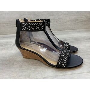 Rialto Cleo Women's Sandals Black Studded T-Strap Cork Wedge 10 Comfort Shoes